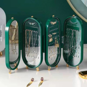 Foldable 4 compartments jewelry organizer with mirror