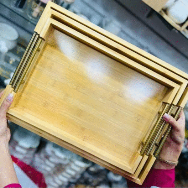 Solid Bamboo Wood Serving Tray, Home Decoration (Set of 3 ) - Image 2