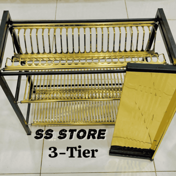 STAINLESS STEEL NON MAGNETIC SQUARE DISH AND PLATES STAND GOLD & BLACK - Image 2
