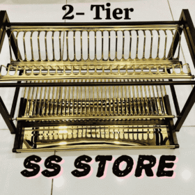 STAINLESS STEEL NON MAGNETIC SQUARE DISH AND PLATES STAND GOLD & BLACK