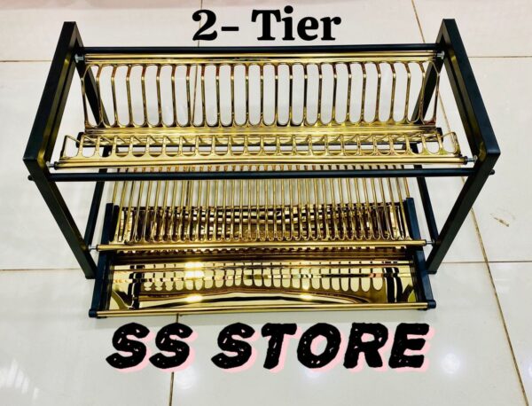 STAINLESS STEEL NON MAGNETIC SQUARE DISH AND PLATES STAND GOLD & BLACK - Image 4