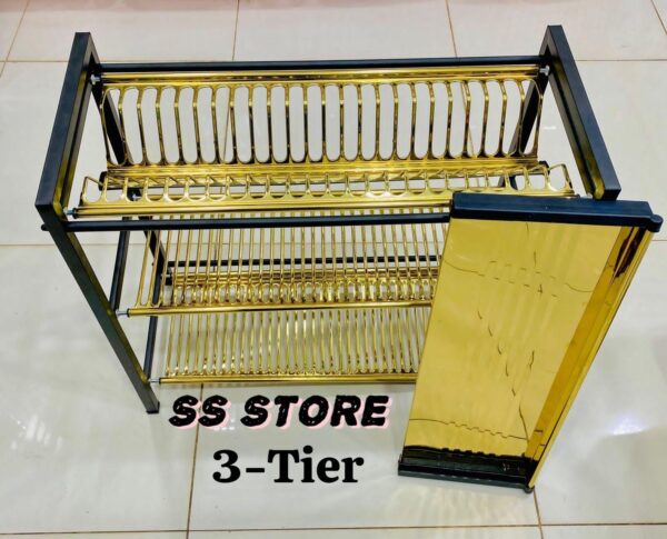 STAINLESS STEEL NON MAGNETIC SQUARE DISH AND PLATES STAND GOLD & BLACK - Image 3