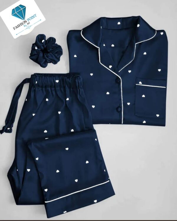 Heart Print Silk Night Suit for Women – 3PC Set with Shirt, Trouser & Scrunchie | Soft & Stylish Sleepwear - Image 5