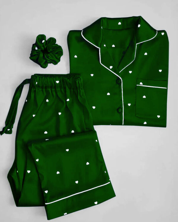 Heart Print Silk Night Suit for Women – 3PC Set with Shirt, Trouser & Scrunchie | Soft & Stylish Sleepwear - Image 6