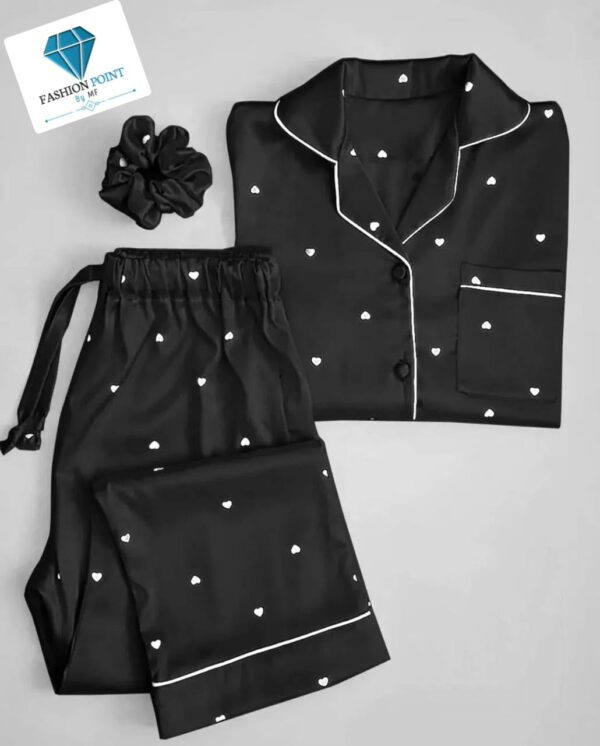 Heart Print Silk Night Suit for Women – 3PC Set with Shirt, Trouser & Scrunchie | Soft & Stylish Sleepwear - Image 4