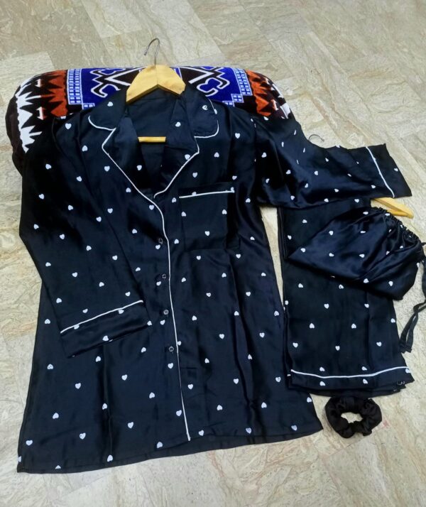 Heart Print Silk Night Suit for Women – 3PC Set with Shirt, Trouser & Scrunchie | Soft & Stylish Sleepwear - Image 9