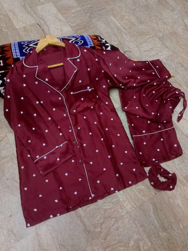 Heart Print Silk Night Suit for Women – 3PC Set with Shirt, Trouser & Scrunchie | Soft & Stylish Sleepwear - Image 8