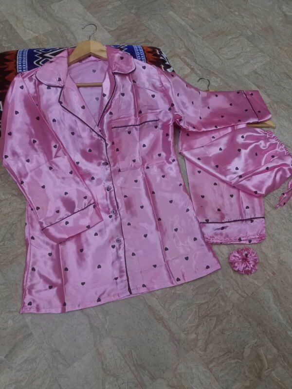 Heart Print Silk Night Suit for Women – 3PC Set with Shirt, Trouser & Scrunchie | Soft & Stylish Sleepwear - Image 7