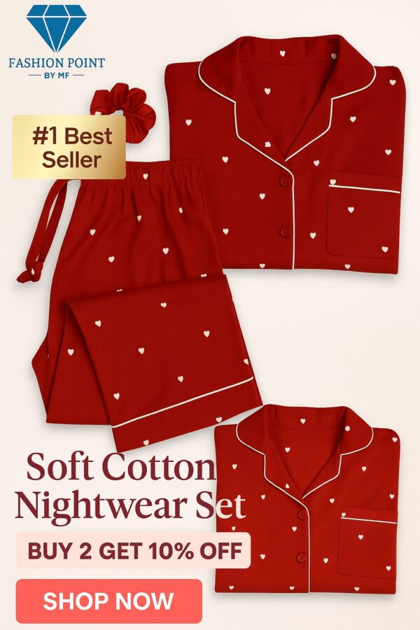 Heart Print Silk Night Suit for Women – 3PC Set with Shirt, Trouser & Scrunchie | Soft & Stylish Sleepwear - Image 11