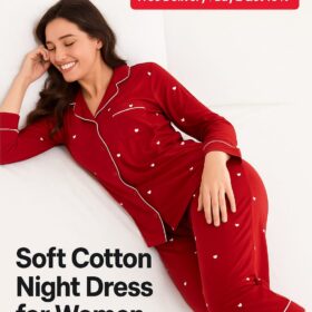 Heart Print Silk Night Suit for Women – 3PC Set with Shirt, Trouser & Scrunchie | Soft & Stylish Sleepwear