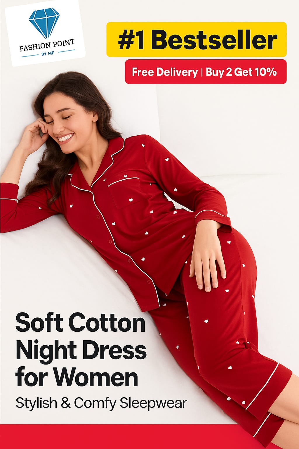 Heart Print Silk Night Suit for Women – 3PC Set with Shirt, Trouser & Scrunchie | Soft & Stylish Sleepwear